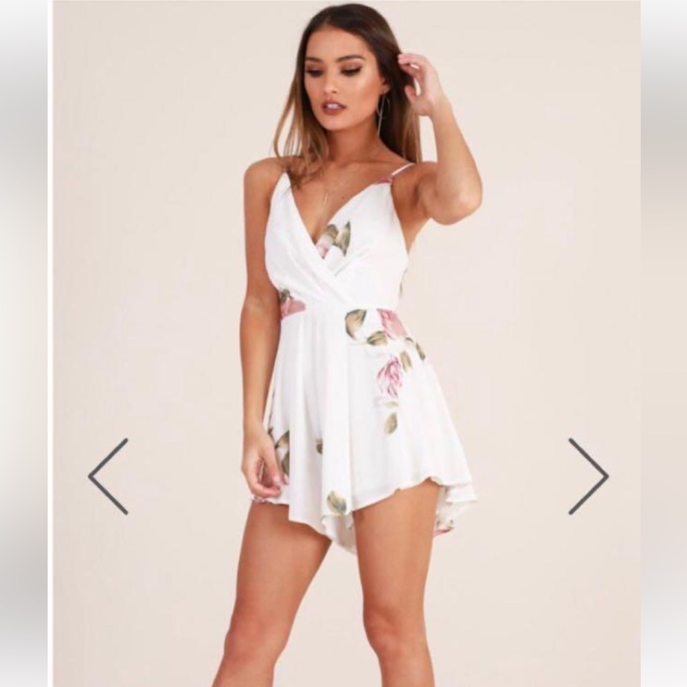 Showpo Romper Playsuit Cream Floral Print with Tie / Bow Back Detail - 10